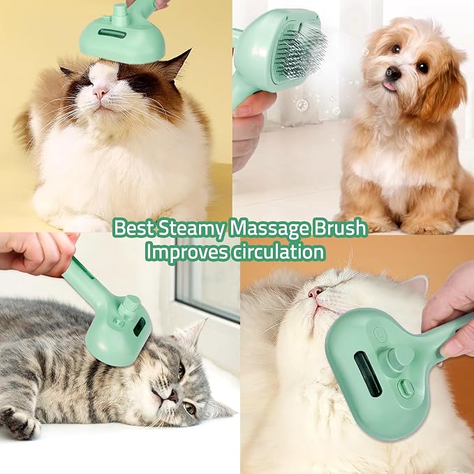 Bunny Ferret Steam Brush Release Button Self Cleaning Spray Comb for Long and Short Hair Cats Rechargeable Steaming Cat Grooming Brush Steamer to Remove Loose Hair (Green)