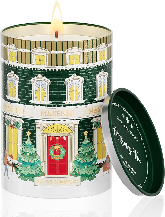M&SENSE Christmas Tree Candles Pine Scented, Soy Wax 11.3oz 70 Hour Clean Burn Holiday Candles for Home, Winter Relaxing Aromatherapy Candle Gifts for Thanksgiving, Housewarming