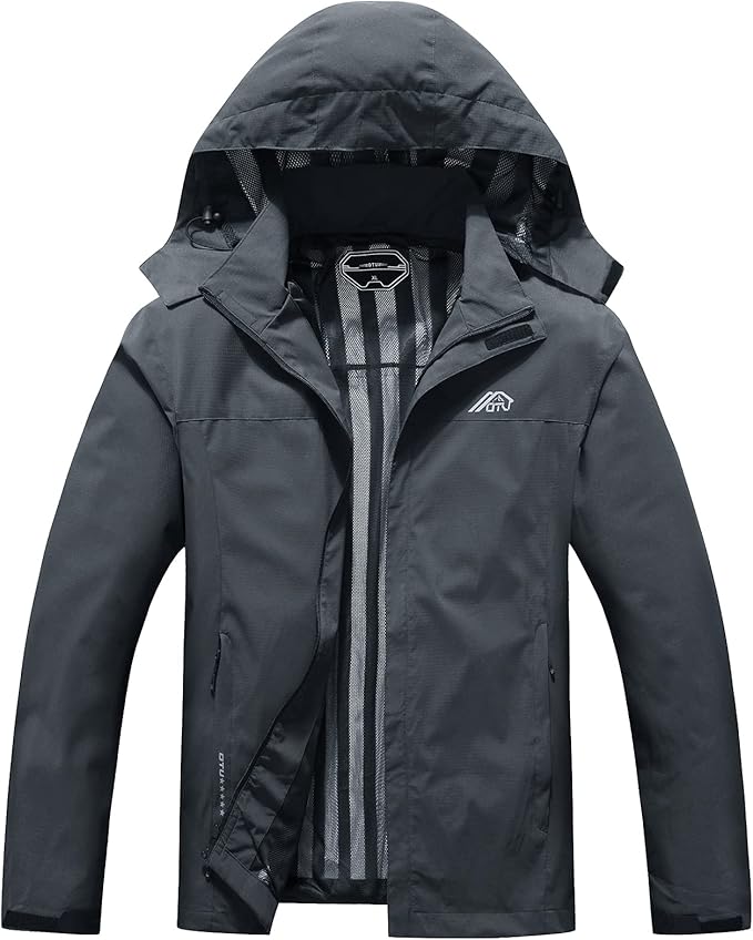 OTU Men's Lightweight Waterproof Hooded Rain Jacket Outdoor Raincoat Shell Jacket for Hiking Travel