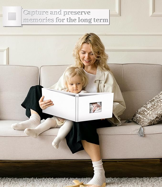 Photo Album Self Adhesive Scrapbook Album for 3x5 4x6 5x7 8x10 Pictures,60 Pages Linen Cover with Display Window DIY Photo Book,Ideal Gifts for Family Travel Wedding Baby