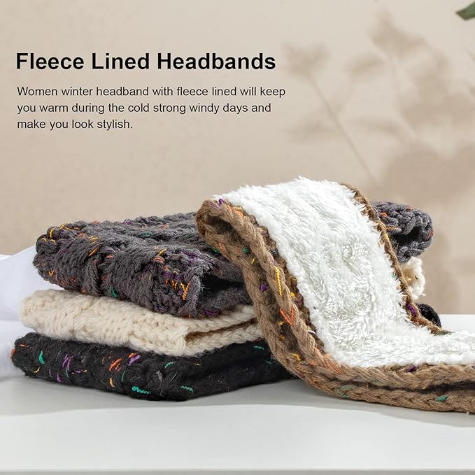 AQOKKA Knit Winter Headbands for Women Fuzzy Wool Fleece Lined Ear Warmers Elastic Turban Crocheted Head Wrap Winter Accessories for Women Cold Weather