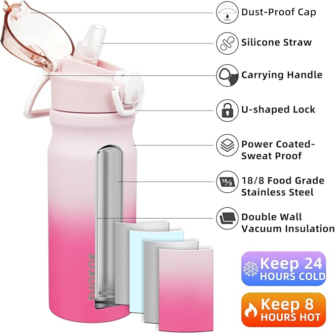 BJPKPK 18oz Insulated Water Bottle with Straw Stainless Steel Double Wall Water Bottles BPA Free Leak Proof Thermal Flask with Lockable Flip Lid and Soft Silicone Spout,Cherry Blossom