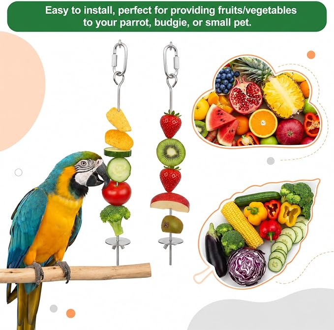 2 PCS Bird Cage Holder Bird Foraging Toys Fruit Birds Feeder | Stainless Steel Hanging Vegetable Fruit Feeder Parrot Fruit Vegetable Skewer for Parakeet Budgie Macaw