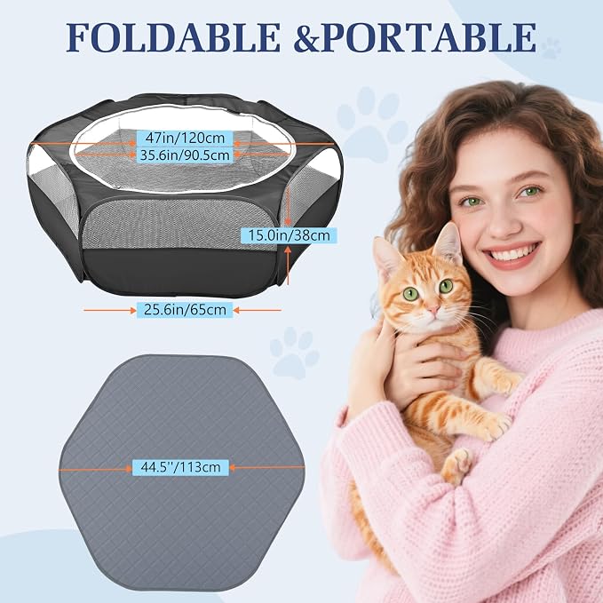 Pawaboo 2-in-1 Small Animals Playpen with Pad, Black+Gray | Waterproof, Reusable Pad, Portable Outdoor Yard Fence with 3 Metal Rod, For Chick/Kitten/Guinea Pig/Rabbits/Chinchillas