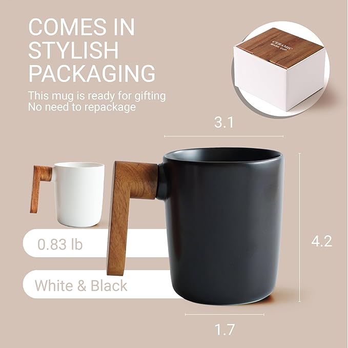 Engraved Ceramic Coffee Mug with Acacia Wood Handle & Lid, 12 oz Personalized Cup for Hot and Cold Drinks, Unique Gift with Stylish Packaging - White