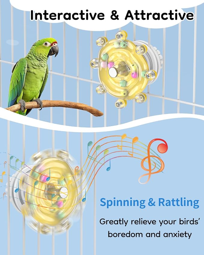 Pawfly Bird Toys for Parakeets, Colorful Spinning Wheel Chew Toy, Interactive Spinner Rattle Parrot Toys, Cockatiel Toy, Parakeet Toys, Bird Cage Accessories for Entertainment Chewing Exercise, Yellow