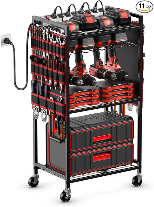 JUNNUJ Large Power Tool Organizer Cart with Charging Station, Garage Floor Standing Rolling Drill and Tools Battery Storage Cart on Wheels, Heavy Duty Utility Rack Shelf with 8 Outlet Power Strip, Red