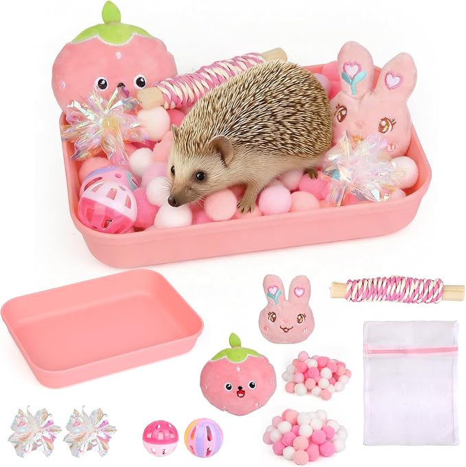 Hedgehog Accessories, Dig-Box Tray for Hedgehog Cage with Ball Toy, Small Animal Accessories Funny Dig-Box Tray Toys for Hedgehogs, Ball Bell Toy for Ferret Kitten Cat Hamster (Pink)