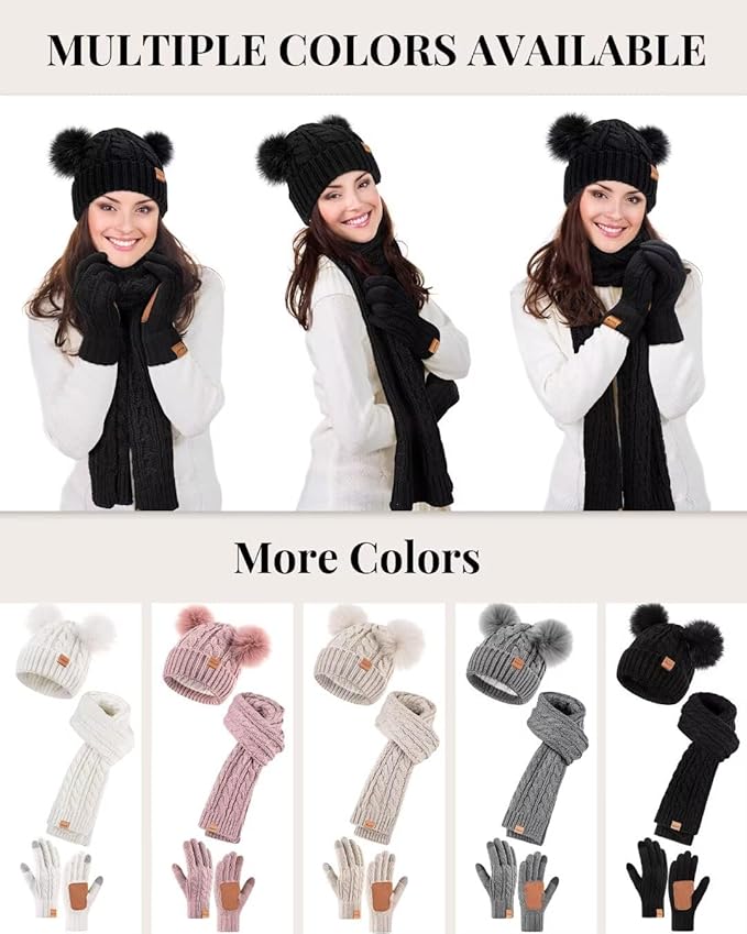 Winter Hat Scarf Glove Set for Women, Fleece Lined Beanie with Double Pom Pom, Touchscreen Gloves Knit Scarf for Cold Weather