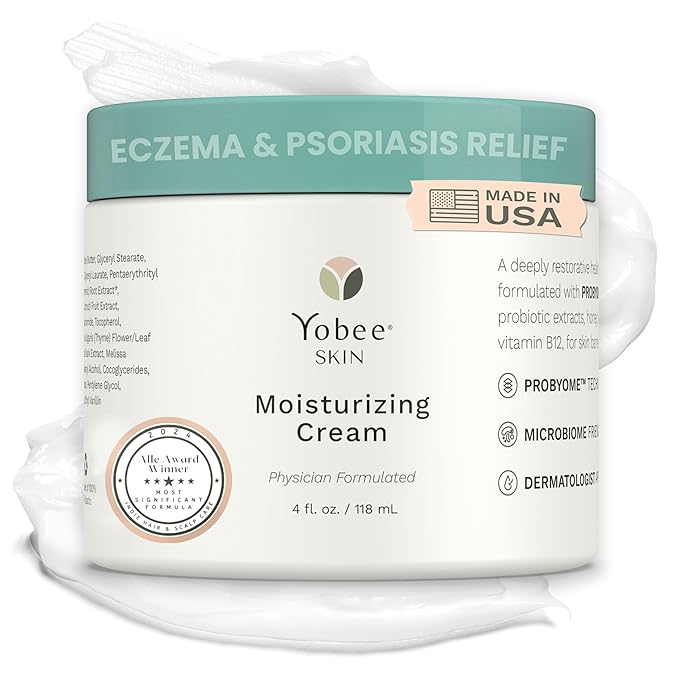Yobee Body & Face Cream for Dry, Itchy Skin, Eczema & Psoriasis, Dermatologist Formulated, Probiotics, Honey, Turmeric, Vitamins B12 & E, Ceramides, Shea Butter, Fragrance Free, For Kids & Adults