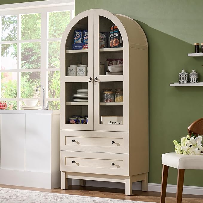 IFGET 71" Tall Arched Kitchen Pantry Cabinet, Wood Kitchens Storage Cabinets with 2 Large Drawers and Adjustable Shelves, Modern Farmhouse Versatile Cupboard for Kitchen, Dining Room, Bathroom, Cream