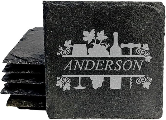 Cheers to Life: Personalized Slate Coasters with Wine Design - Square Slate - Set of 4