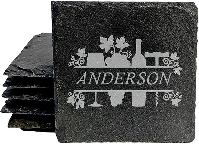 Cheers to Life: Personalized Slate Coasters with Wine Design - Square Slate - Set of 6