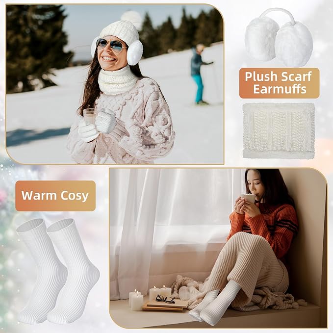 SATINIOR 5 Pcs Winter Satin Lined Hat Scarf Gloves Set Knit Pompom Beanie Warm Touchscreen Glove Earmuff Ear Warmer for Women