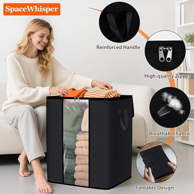 SpaceWhisper 6 Pack 100L Clothes Storage, Foldable Thick Fabric Blanket Storage Bags, Containers for Organizing Bedroom, Closet, Clothing, Comforter,Closet Organization with Handle,Black