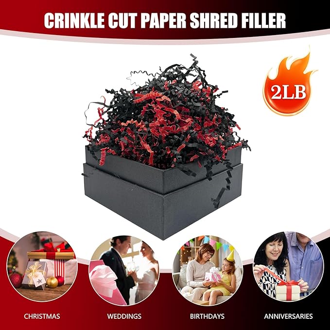 Black Red Crinkle Cut Paper Shred Filler, 2 LB Basket Filler Shredded Paper, Confetti Stuffing for Basket Filling, Mother's Day, Birthdays, Weddings, DIY Gift Wrapping, Stuffer Party Supplies