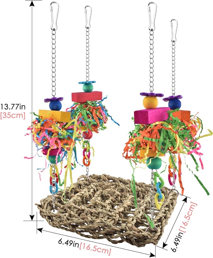 KATUMO Bird Toys, Grass Swing Hammock Climbing Toy for Parrot Parakeet | Natural Grass with Colorful Chew Toys, Climbing and Resting Toys for Small and Medium Pet Birds