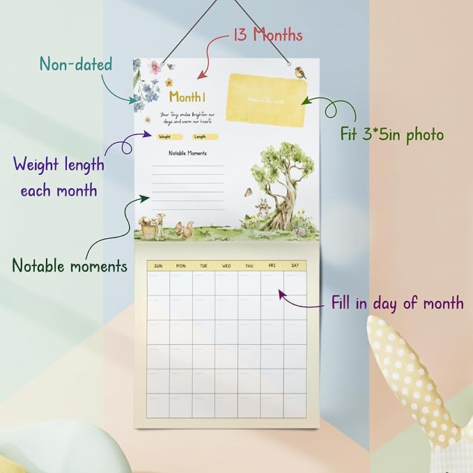 WOODAMORE Baby Calendar First Year with Stickers - Wildflower Baby First Year Memory Book, Babies Milestone Calendar Tracker, Babies 1st Book Keepsake for Newborn Girl