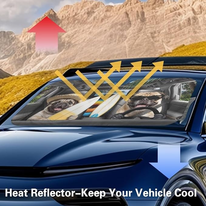 Cute Pug Car Windshield Sun Shade Easy Installation Foldable Funny Front Windshield Sun Visor Protector Universal Auto Sun Shade Easy Storage Automotive Interior Cover