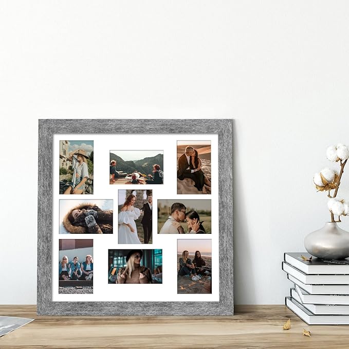 17x17 Picture Frame Display 9 opening 4X6 Picture Frame Collage,Multi Photo Frame with Mat,Plexiglass,Wall Mount Decor,Grey Wood Grain