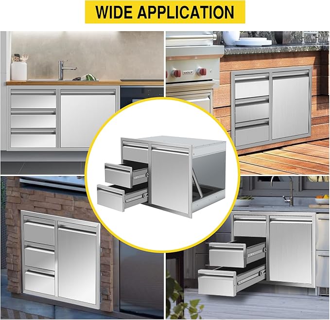 Outdoor Kitchen Drawers Stainless Steel 28W X 20.1H X 19.8D Inch, Flush Mount Triple BBQ Island Drawers with Hidden Handle for Outdoor Kitchens, Patio or Grill Station