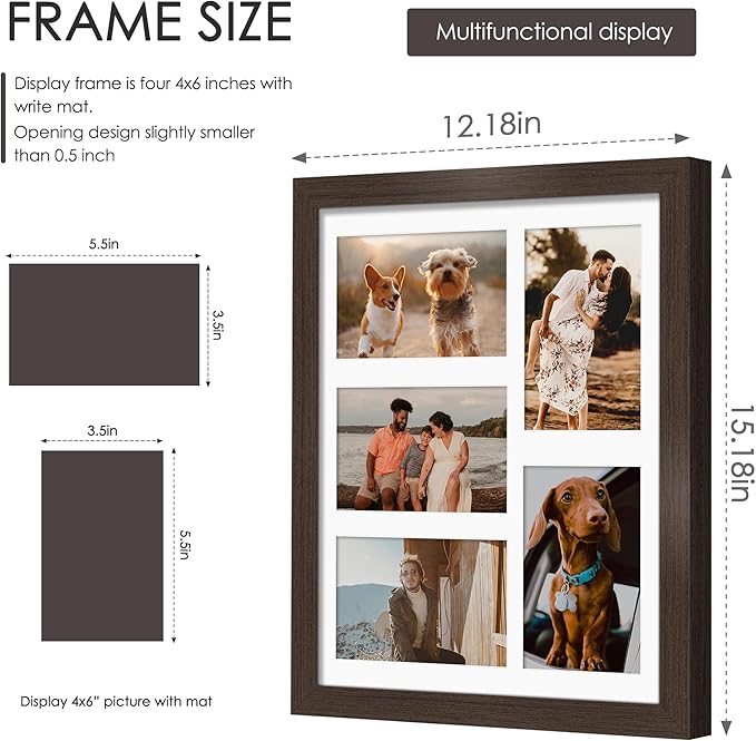 11x14 Collage Picture Frame, 4x6 Collage Picture Frame, Displays Five 4x6 inch Photos, or 11x14 (Without Mat) Wall Decor Wall Hanging or Tabletop, Walnut.