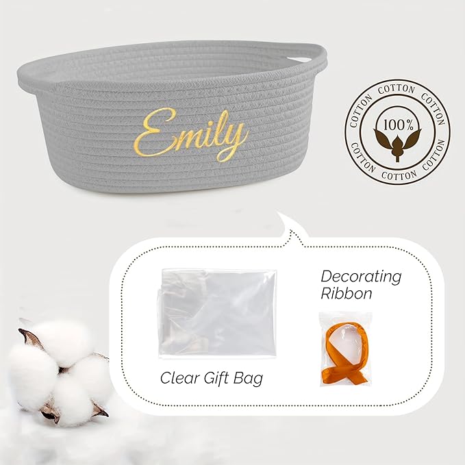 HUTARIO Personalized Woven Basket Embroidered Name with Gift Bags and Ribbons,Empty Small Rope Basket，Durable Storage Custom Grey Basket with Handles for Baby Showers or Christmas,12"×8"×5"
