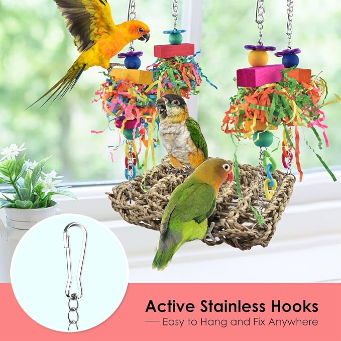 KATUMO Bird Toys, Grass Swing Hammock Climbing Toy for Parrot Parakeet | Natural Grass with Colorful Chew Toys, Climbing and Resting Toys for Small and Medium Pet Birds