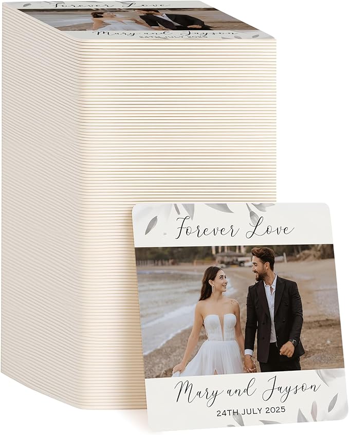 100 Pack Personalized Wedding Coasters, Custom Cardboard Coasters for Drinks with Photo Print and Text, Keepsake Wedding Favors and Gifts for Couples, 4x4 Square, Design 7