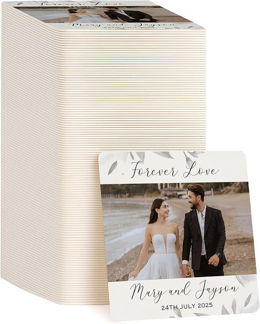 100 Pack Personalized Wedding Coasters, Custom Cardboard Coasters for Drinks with Photo Print and Text, Keepsake Wedding Favors and Gifts for Couples, 4x4 Square, Design 7