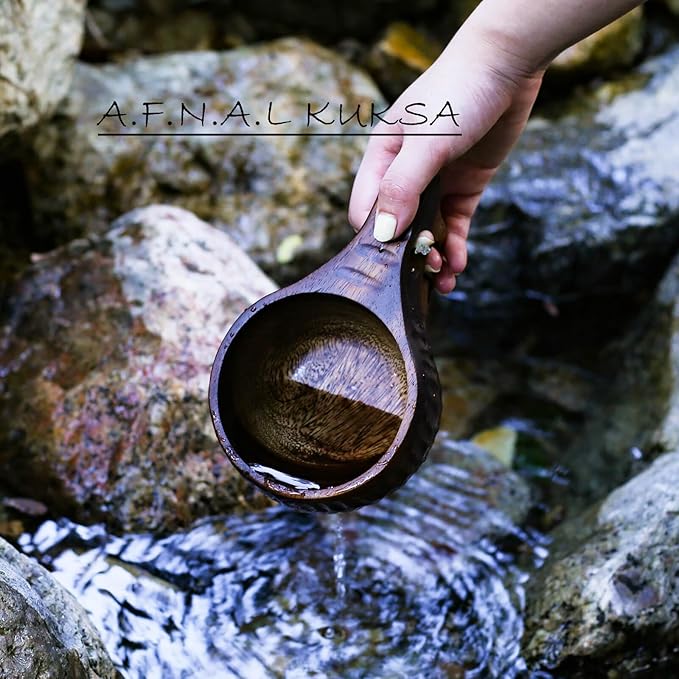 Kuksa Camping Mug Wooden Bushcraft Handcarved Cup, Nordic Style Coffee & Hiking Kuksa, Rubber Wood with Double Hole, 7.1 oz., 6.3" x 3.8" x 2.6"