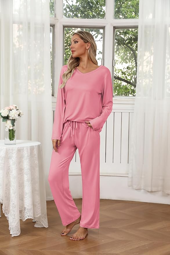 Ekouaer Womens 2 Pack Pajama Set Long Sleeve Pajamas Top and Pants V Neck Pjs Set Soft Loungewear with Pockets