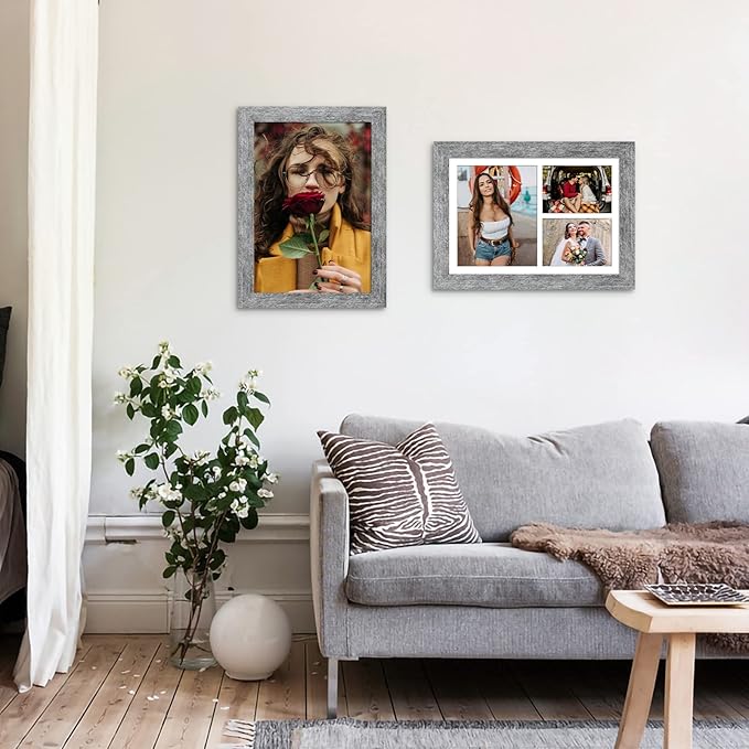 11x16 Picture Frame Display 3 opening Picture Frame 5x7 and 8x10 Collage,Multi Photo Frame with Mat,Plexiglass,Horizontal and Vertical Formats for Wall Decor,Grey Wood Grain
