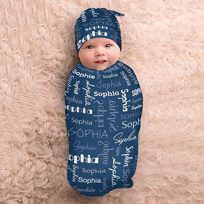 Personalized Baby Swaddle Blanket for Boys Girls Name Lettering Custom Name Receiving Blanket with Cap for Newborn Girls and Boys Soft Sleeping Sack
