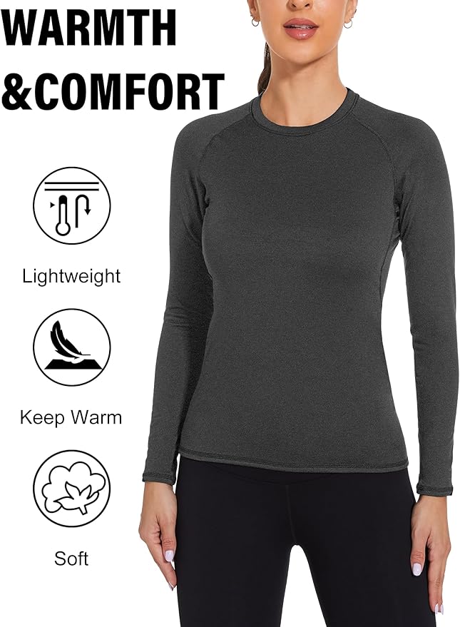 Womens Thermal Compression Long Sleeve Shirts Fleece Lined Tops Crew Neck Slim Fit Base Layer Ladies Underwear
