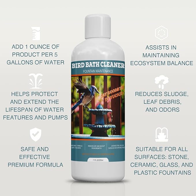 Bird Bath Cleaner, Bird Bath Fountains Clarifier, Liquid Birdbath and Fountain Maintenance, Promotes Clean & Clear Water - Natural Formula, Prevents Stains & Cloudiness - 7 Oz