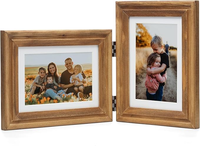 Horizontal & Vertical 5X7 Picture Frames Double Hinged Wood Folding Photo Frames with Real Glass Front Fit for Desktop or Tabletop Display Pictures 4x6 with Mat or 5x7 Without Mat, Wood Grain