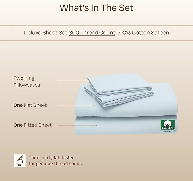 California Design Den King Sheet Set - Luxury 800 Thread Count Sateen, Natural 100% Cotton King Size Sheets Deep Pocket Set for a Snug Fit, Durable Bedding - Blue (Grey Tone)