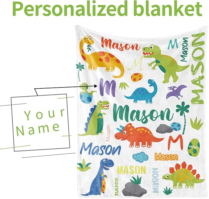 Personalized Dinosaur Blanket with Name for Boys, Customized Gift for Birthday, Christmas, Baby Shower, Soft Flannel Dinosaur Toddler Blanket, 30" X 40"