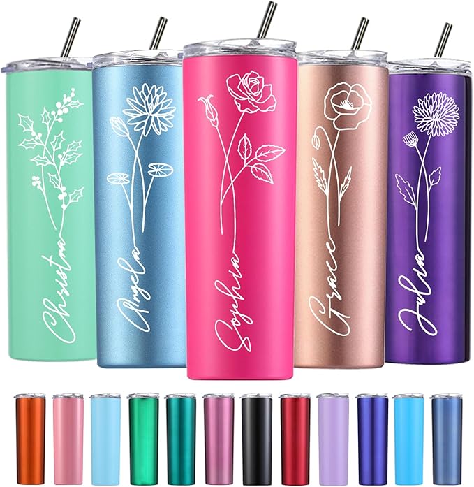 Personalized Gifts for Women Custom Tumbler Personalized Cups Engraved with Birth Flower 20 Oz Customized Tumbler with Name Birthday Bridesmaid Christmas Gifts