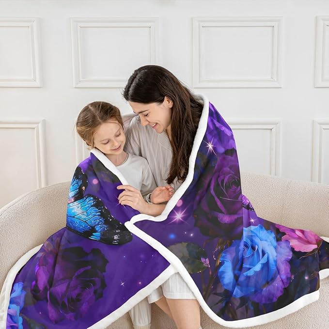 Feelyou Girls Butterfly Fleece Throw Blanket Throw 50"x60" Kids Dreamy Purple Butterflies Sherpa Blanket Plush Fuzzy for Bed Couch Chair Living Room, Rose Flower Bed Blanket Room Decor