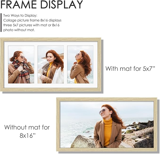 8x16 Collage Picture Frame 5x7 Collage Picture Frame Displays Three 5x7 inch Photos or 8x16 (Without Mat) for Available Horizontal Wall Mounting Display and Vertical Wood Color