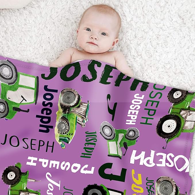 Personalized Tractors Blanket - Custom Name with Farm Tractor Trucks Design - Soft Plush Flannel Bed Blanket for Baby Kid Teen Boys Girls Customized Gifts Purple