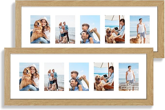 8x24 Picture Frame 2 Pack, Natural Oak Wood Frame with Tempered Glass, Display Pictures Multiple Five 4x6 With Mat or 8 x 24 Without Mat - Horizontal or Vertical Wall Mounting