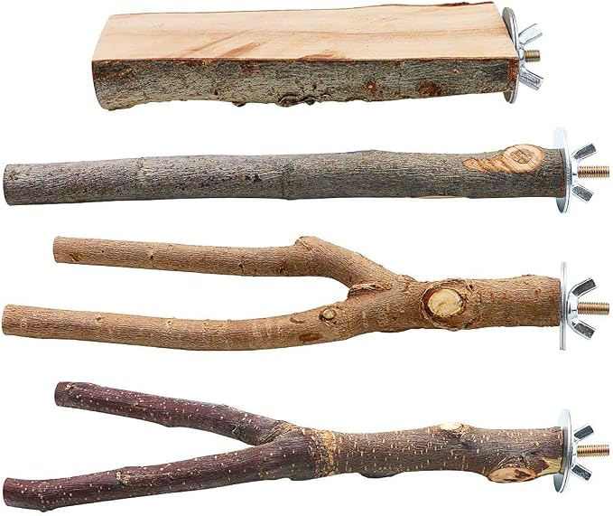 4 Pack Natural Wood Bird Perch Set for Parakeet Cage | Textured branches & platform tailored to small/medium birds; untreated timber aiding safe beak care; tool-free mount