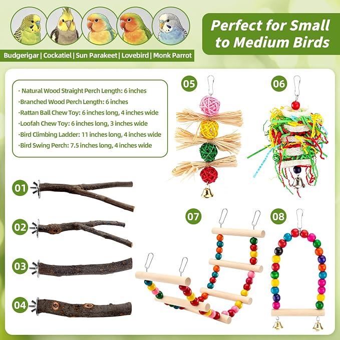 8 Pcs Natural Wood Bird Toys & Perches Set for Cages | Ideal for Small/Medium Parrots (Budgies, Conures) | Birch Ladder, Swing and Foraging Items for Cage Gym | Tool-Free Mount