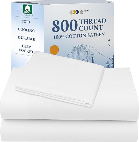 California Design Den Luxury Twin Sheets Set - Buttery Soft 800 Thread Count, 100% Cotton Sheets Sateen, Deep Pockets, Durable Bedding Set - White