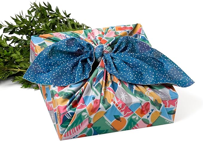 SHIKIWRAP Reusable Cloth Gift Wrap – Set of 3 Holiday Shapes & Deep Blue Eco-Friendly, Reversible, Stretchy Furoshiki Fabric Wrap for Birthday Gifts, Holidays, Special Occasions & Sustainable Living