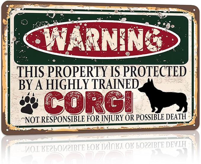 Vintage Corgi Metal Sign Wall decor | Warning this property is protected bY a highly trained Corgi Sign Funny Tin Signs 12x8 Inch