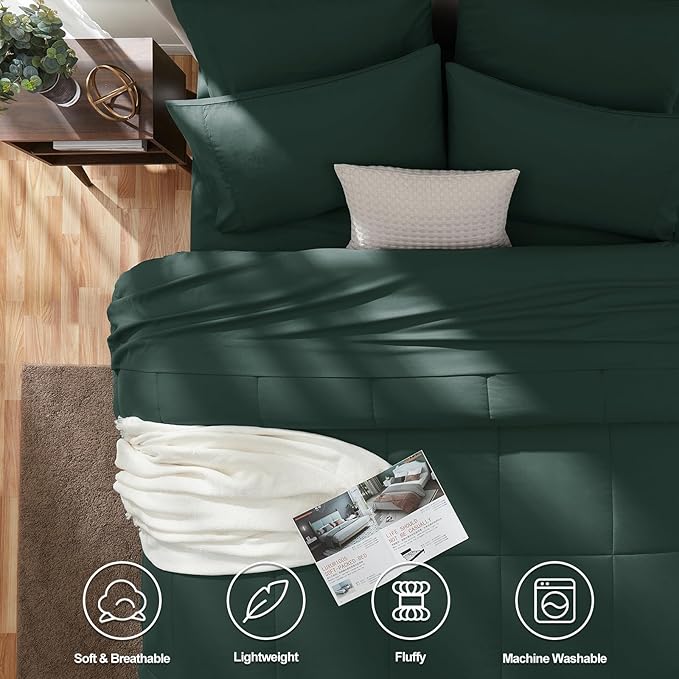 CozyLux Queen Comforter Set Forest Green, 7 Pieces Bed in a Bag, Green Comforter Queen Size, All Season Bedding Sets with Stitch Quilted Comforter, Flat Sheet, Fitted Sheet, Pillowcases